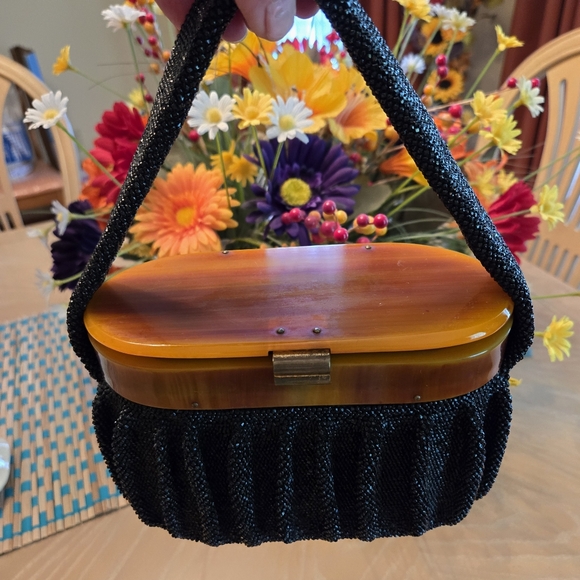 Rare Find Vintage Black Heavily Beaded & Pleated Box Purse 1940s - Picture 15 of 17
